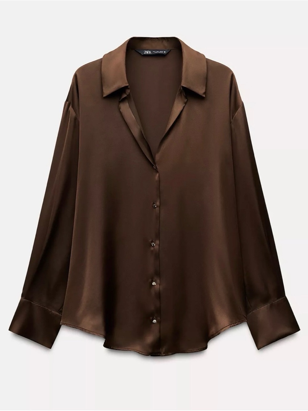 Zara Chocolate Brown Satin Button-Down Shirt